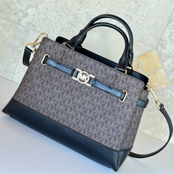 Michael Kors Reed Small Belted Satchel Shoulder Crossbody Bag MK Brown/Black - Picture 11 of 12